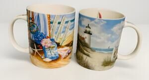 Cape Shore Ceramic (2) Coffee Mugs 12oz Lighthouse and Beach Scenes